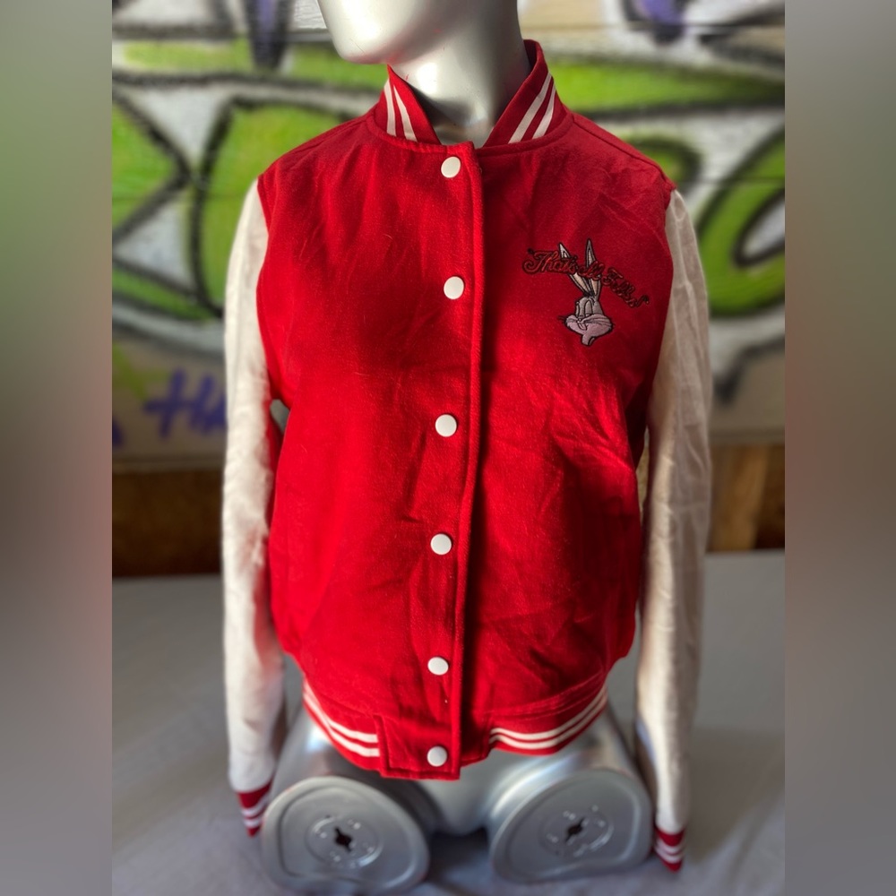 Looney Tunes Varsity Bomber Jacket Medium Red Bugs Bunny Teens Girls